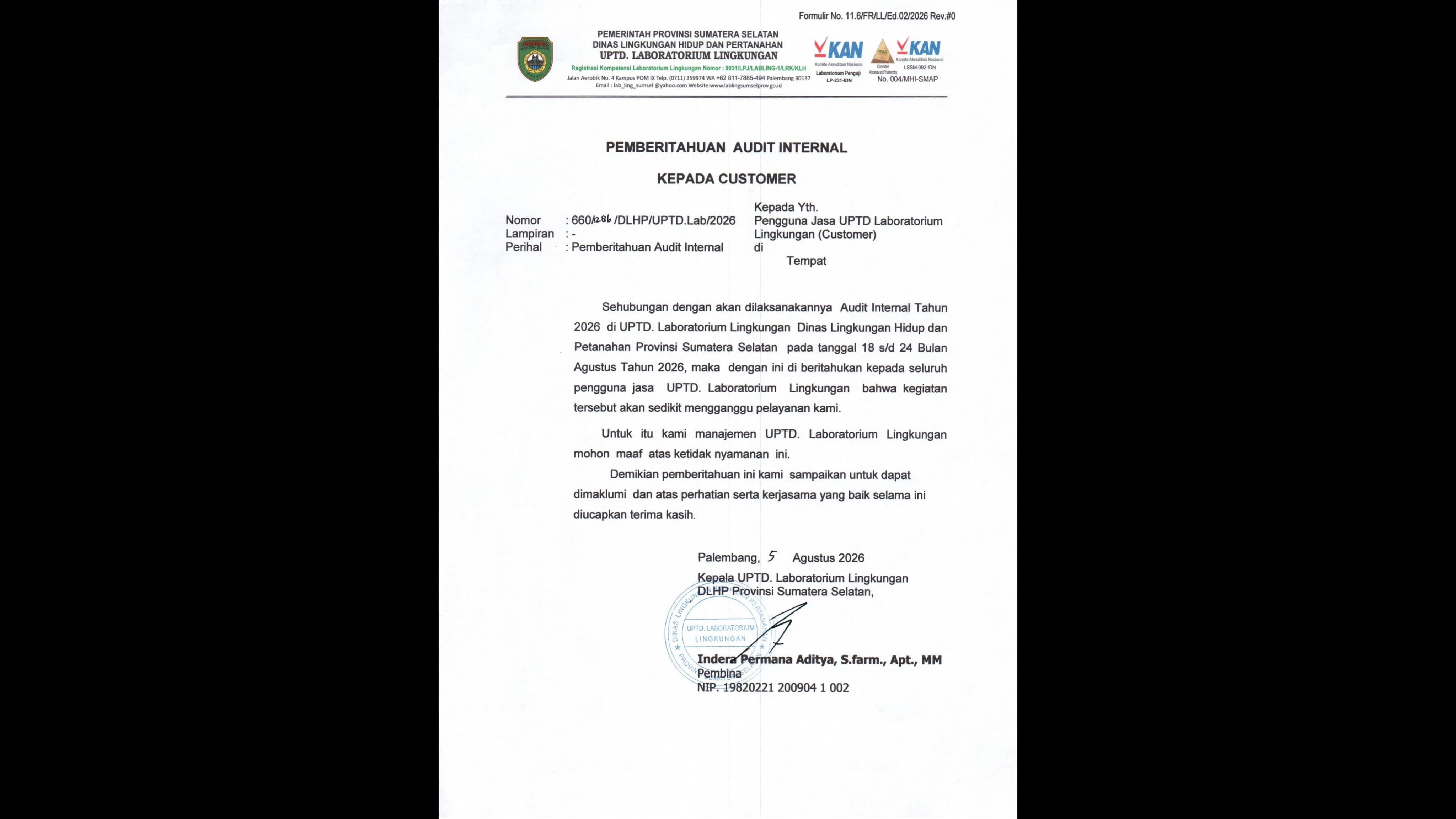 Jadwal Audit Internal ISO/IEC 17025:2017 Tahun 2026